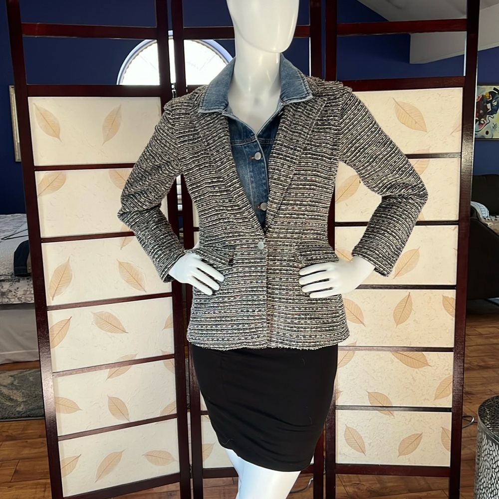 Blue Revival Helen Blazer with removable denim insert, black & rainbow tweed.